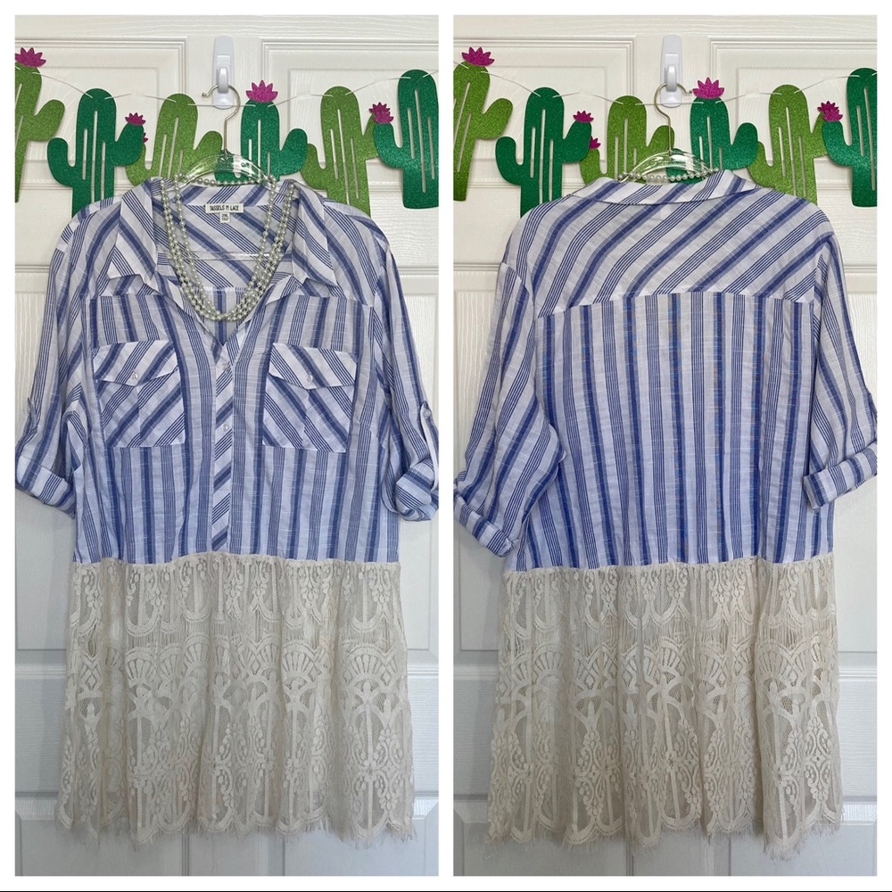 NWOT Tassels N Lace Blue Striped Button Down Tunic